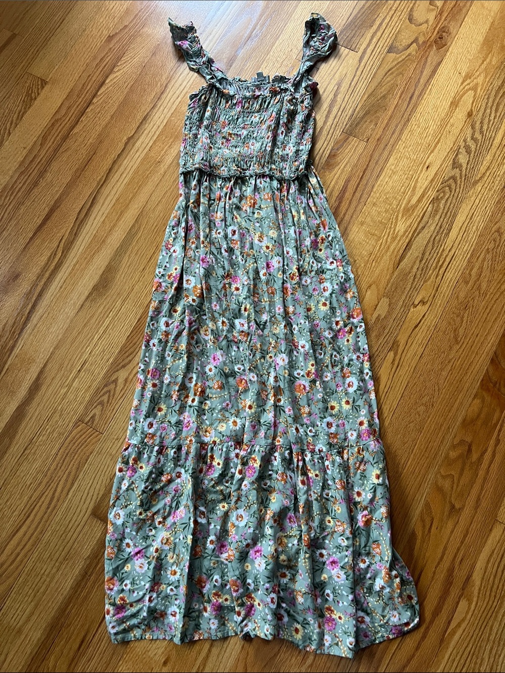 Chenault Floral Maxi Dress in Sage Green with Orange & Pink Blooms
